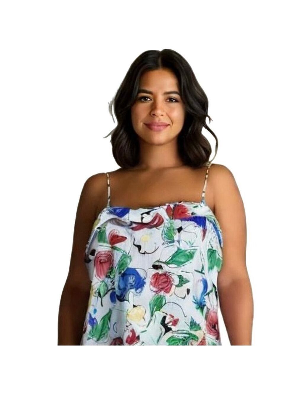 Vintage Floral Print Cami Tank Top Made in Canada Multicolor on White fits M/L